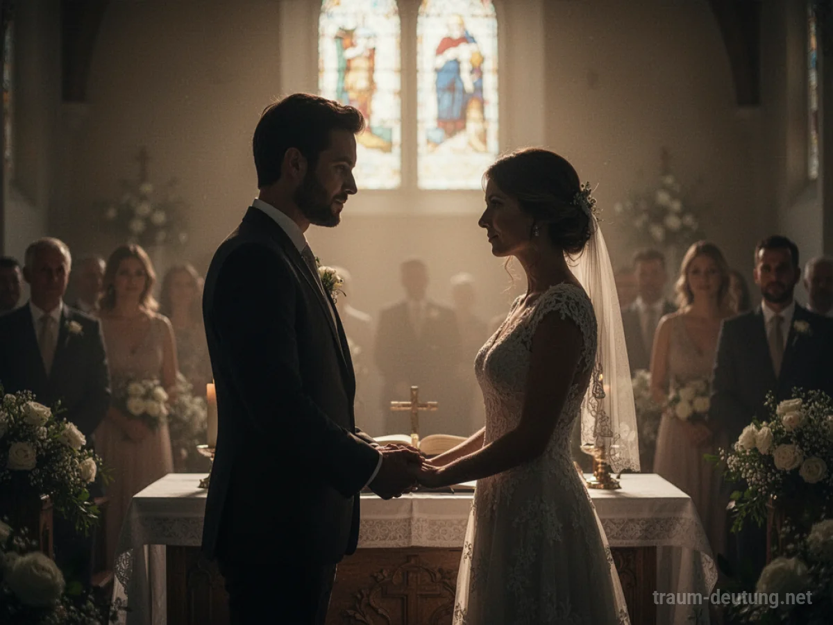 Silhouette eines Mannes und einer Frau an einem Altar bei einer Hochzeit