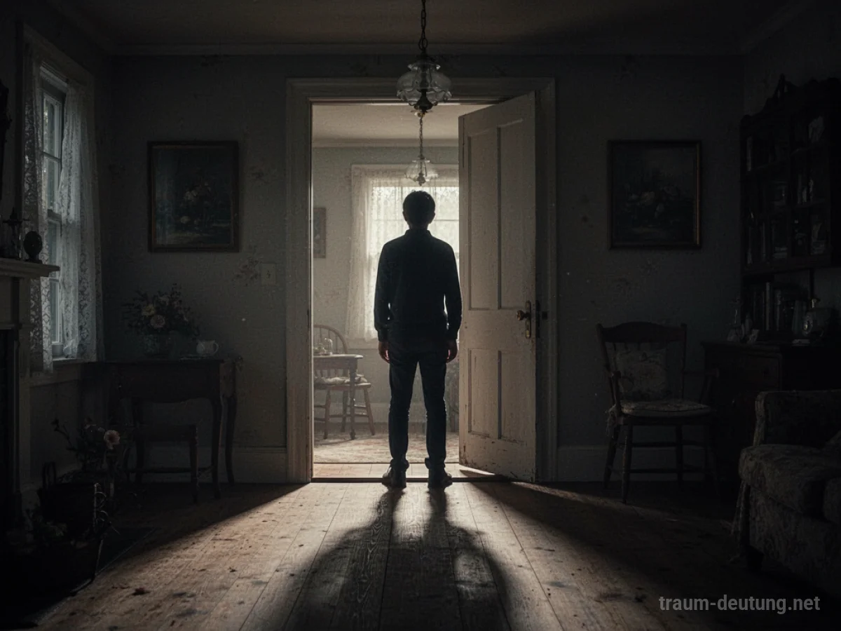 Silhouette eines Fremden im Türrahmen eines Hauses bei Dämmerung