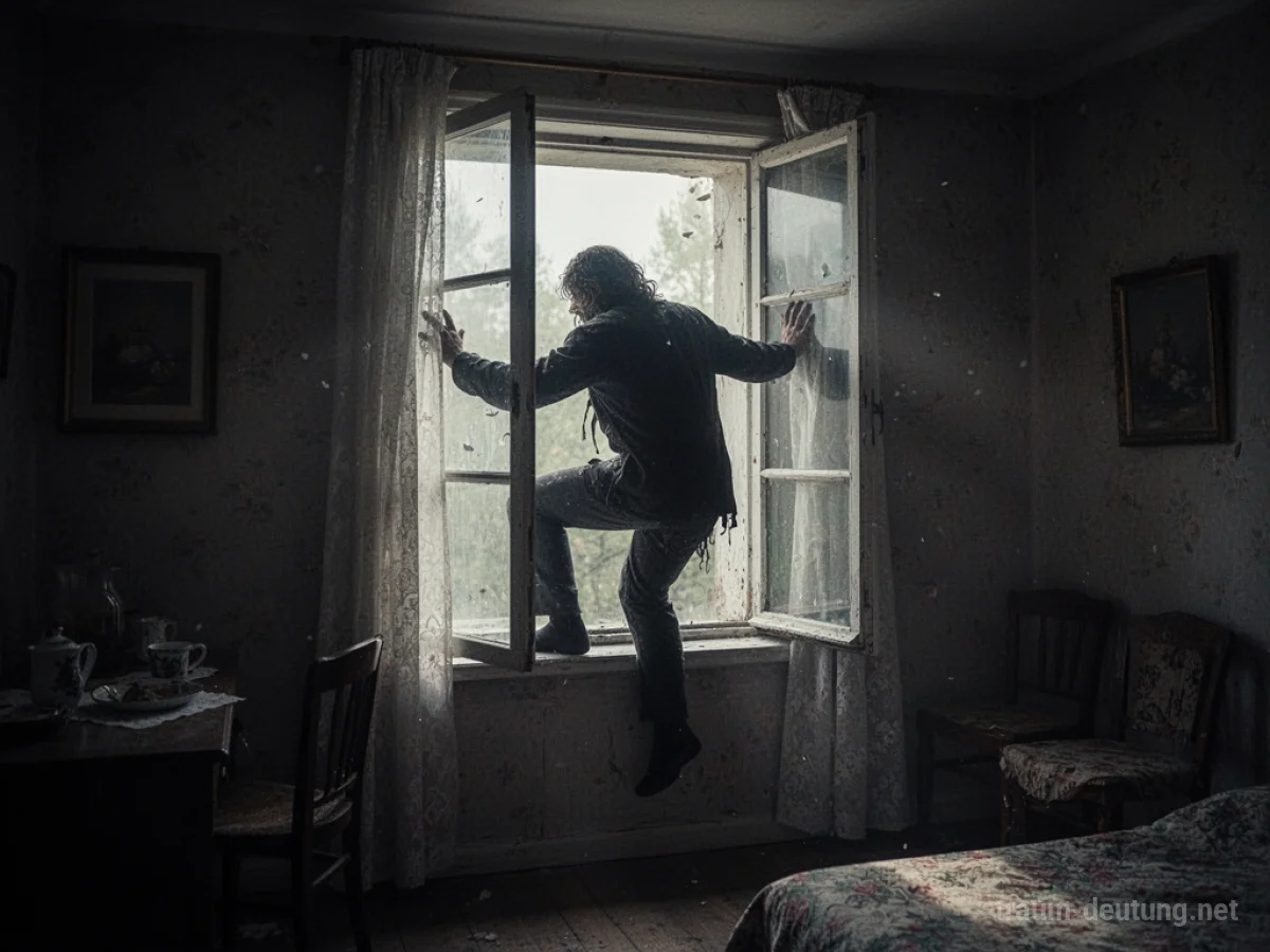 Schattenfigur klettert durch ein offenes Fenster in einen dunklen Raum.
