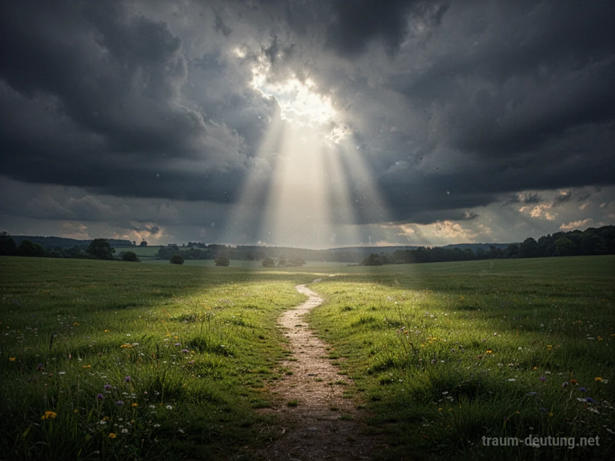 Sonnenstrahl bricht durch Wolken und beleuchtet einen Weg zur Wiese.