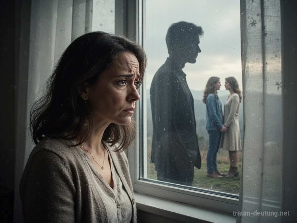 Silhouetten von Menschen, eine Frau blickt traurig aus dem Fenster, während eine andere Frau mit ihrem Partner zu sehen ist.