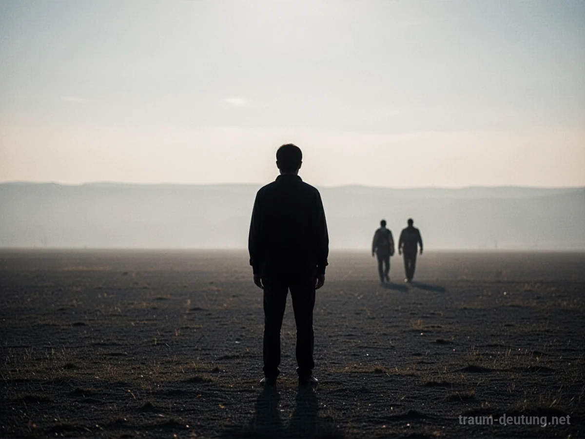 Silhouette einer Person, die allein in weiter Landschaft steht und auf entfernte Silhouetten blickt, die sich abwenden.