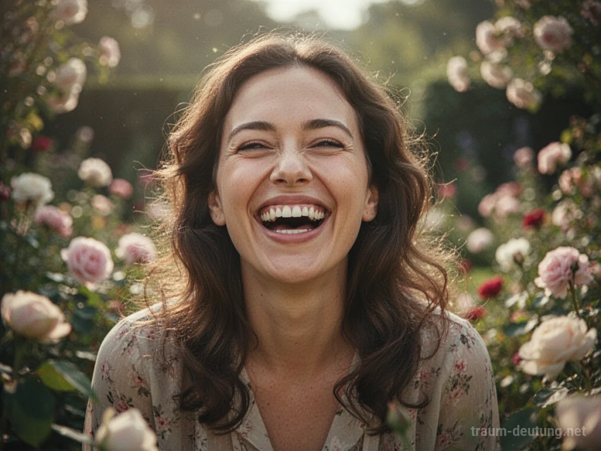 Frau lacht herzlich in einem sonnigen Garten mit Blumen