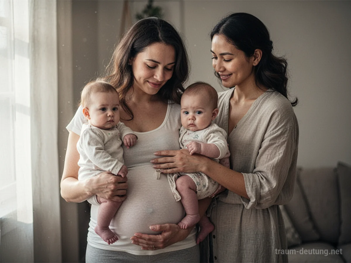 Eine schwangere Frau hält ein Baby, eine Freundin steht unterstützend daneben.