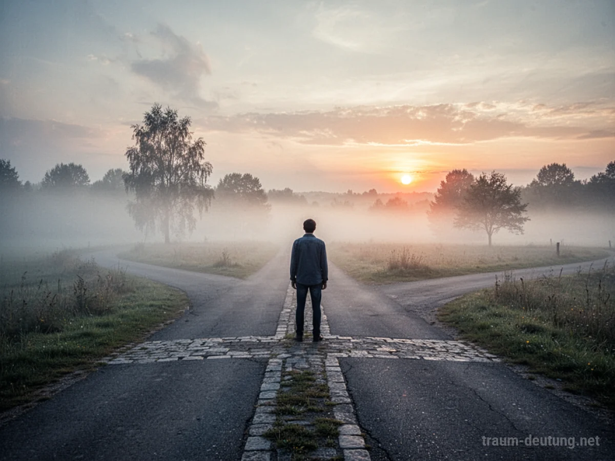Eine einsame Figur steht an einer Weggabelung, ein Pfad verschwindet im Nebel.