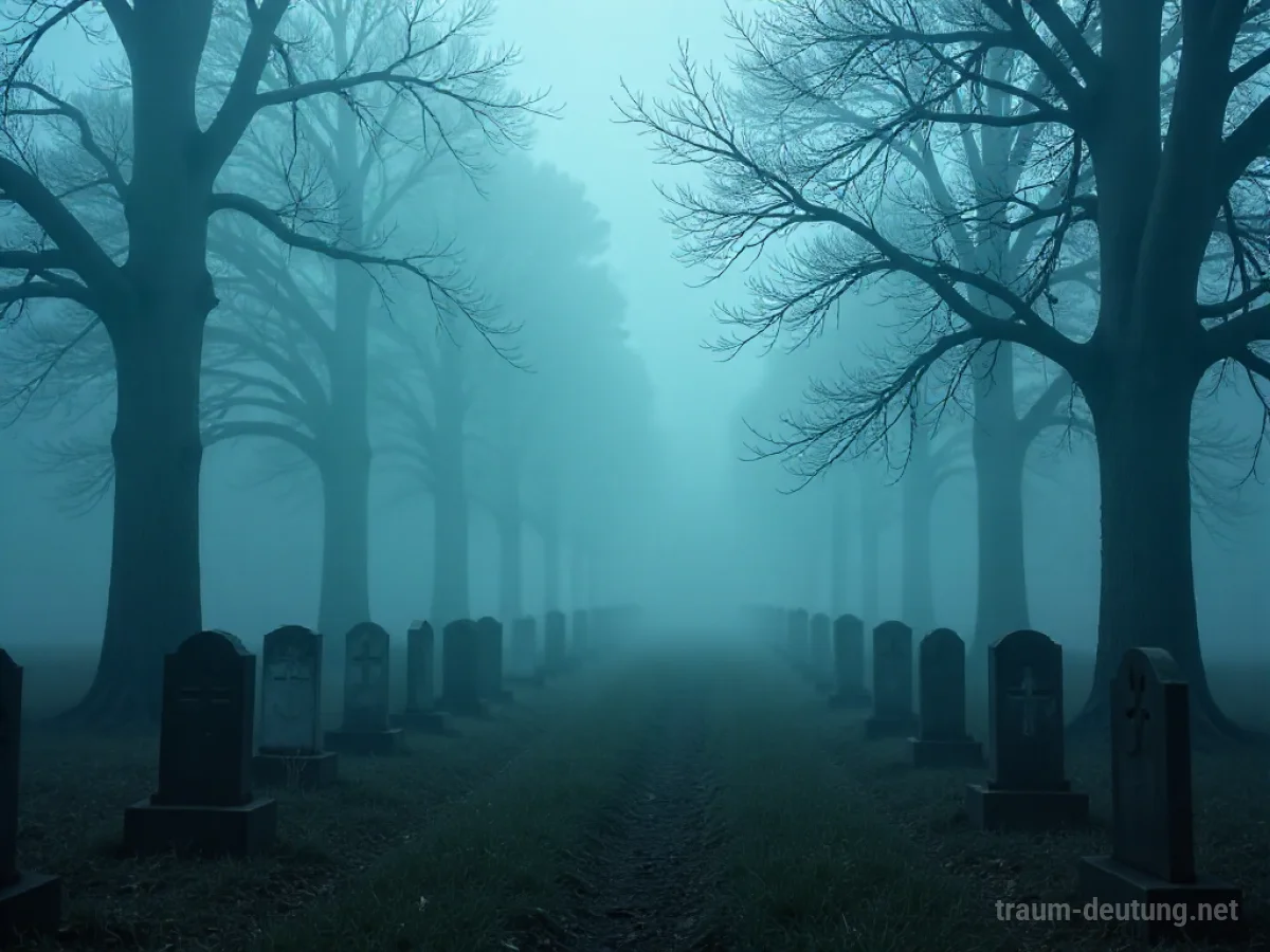 Friedhof in dichtem Nebel mit schemenhaft sichtbaren Grabsteinen