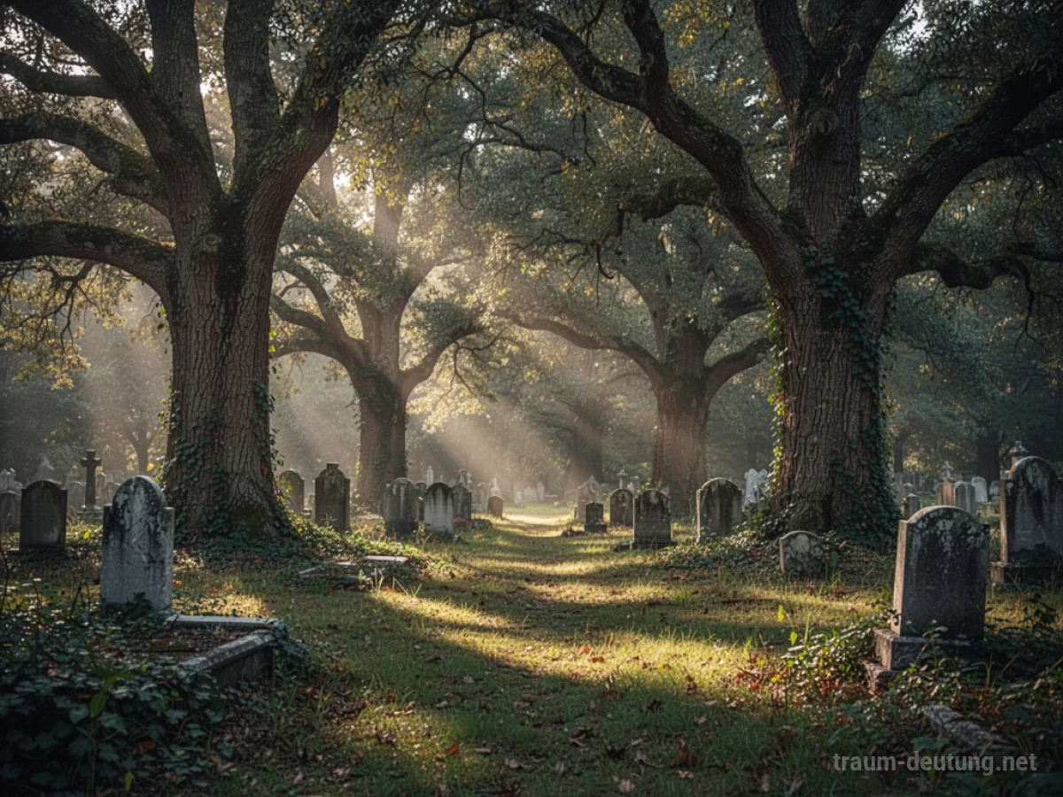 Friedhof mit alten Bäumen und tiefen Schatten, Friedhof mit alten Bäumen im Traum