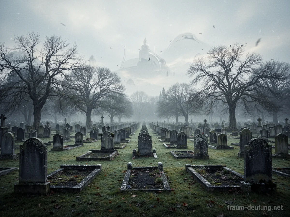 Ein leerer Friedhof unter einem grauen Himmel mit vielen Grabsteinen