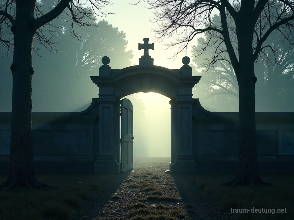Ein offenes Friedhofstor im Morgennebel