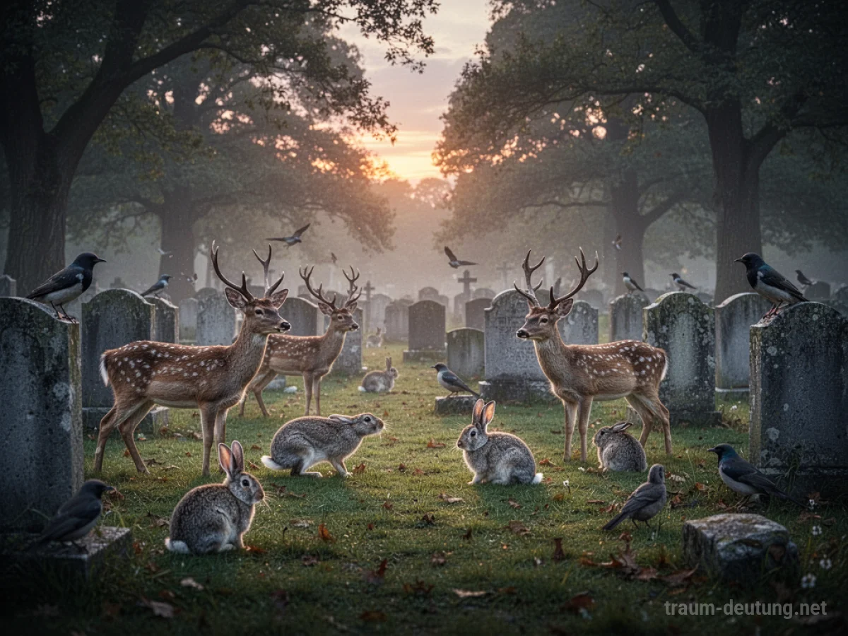 Friedhof mit verschiedenen Tieren wie Rehen und Vögeln, die friedlich zwischen den Gräbern umherstreifen.