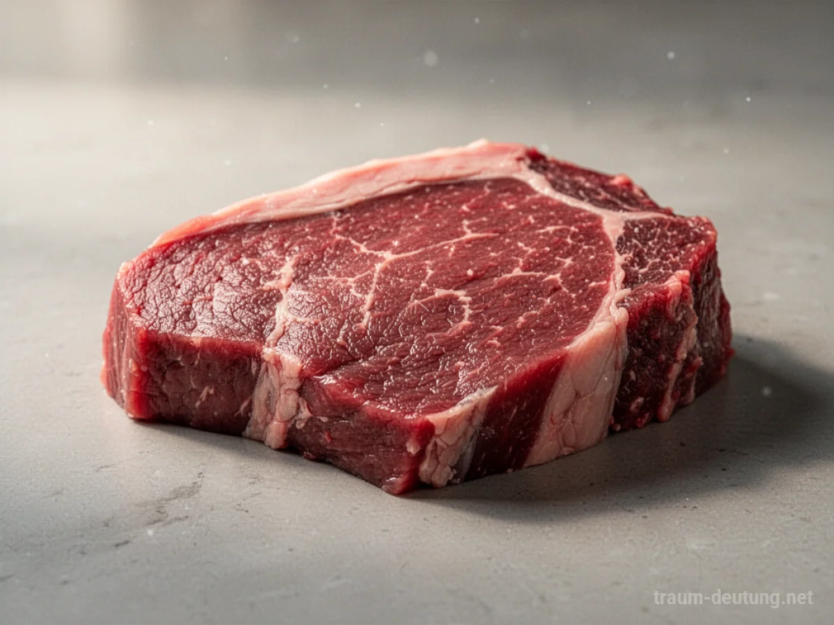 Ein einzelnes Stück rohes, frisches Fleisch auf einer neutralen Oberfläche.