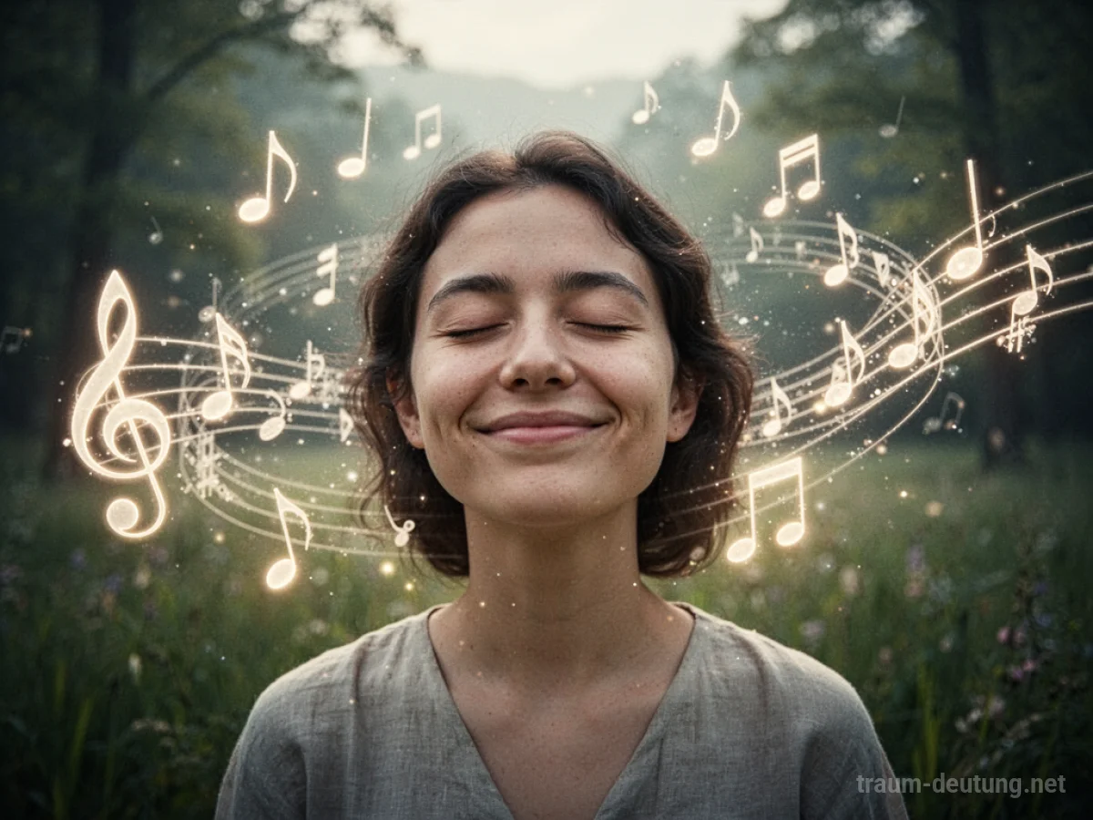 Eine Person lauscht fröhlicher Musik, die als leuchtende Noten dargestellt wird, und strahlt Freude aus.