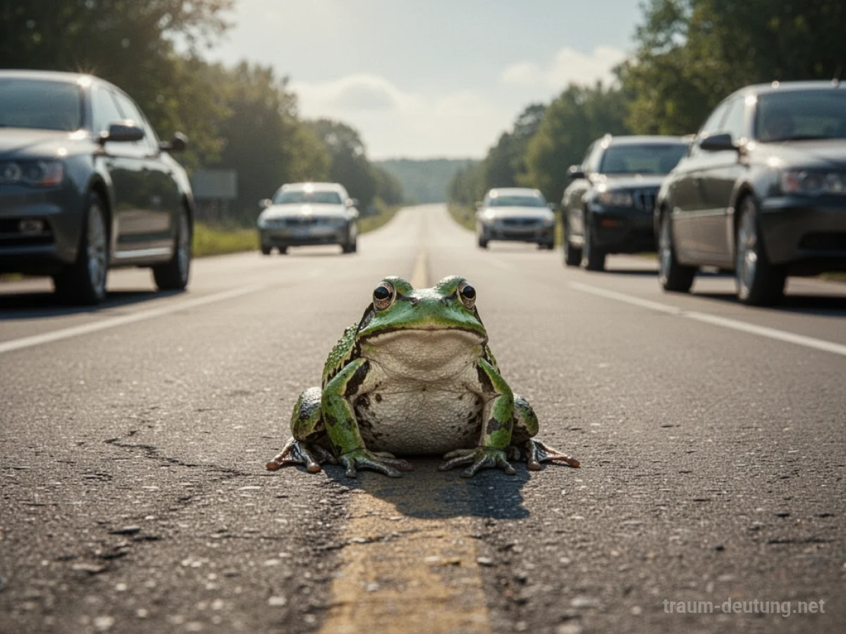 Ein Frosch sitzt mitten auf einer Straße, Autos fahren vorbei.