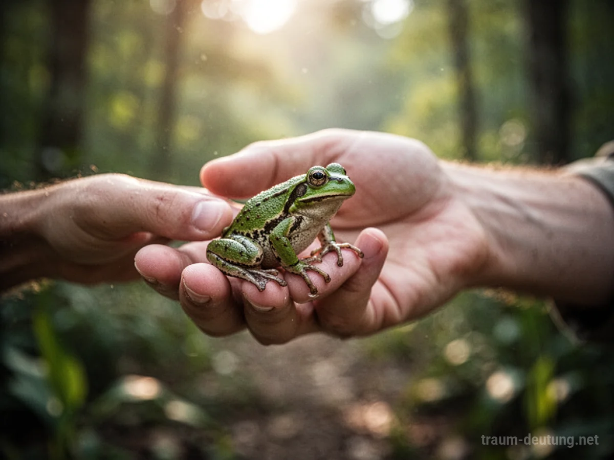 Ein Frosch sitzt ruhig auf einer menschlichen Hand.