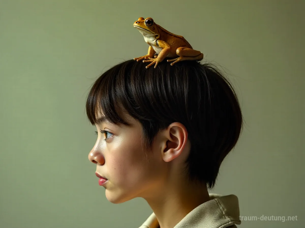 Ein Frosch sitzt auf dem Kopf einer Person.