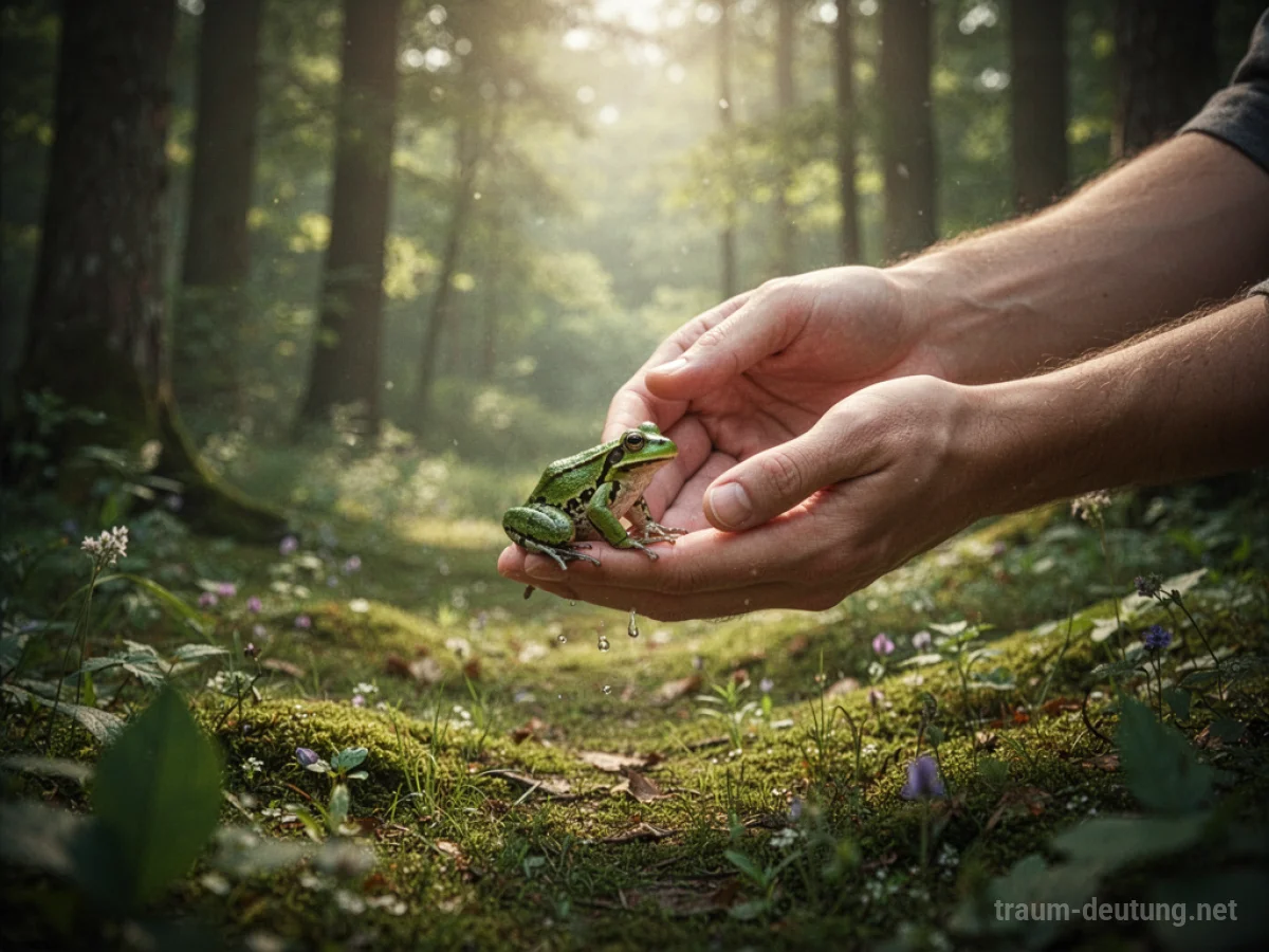 Hände lassen einen kleinen grünen Frosch in einer sonnigen Waldlichtung frei.