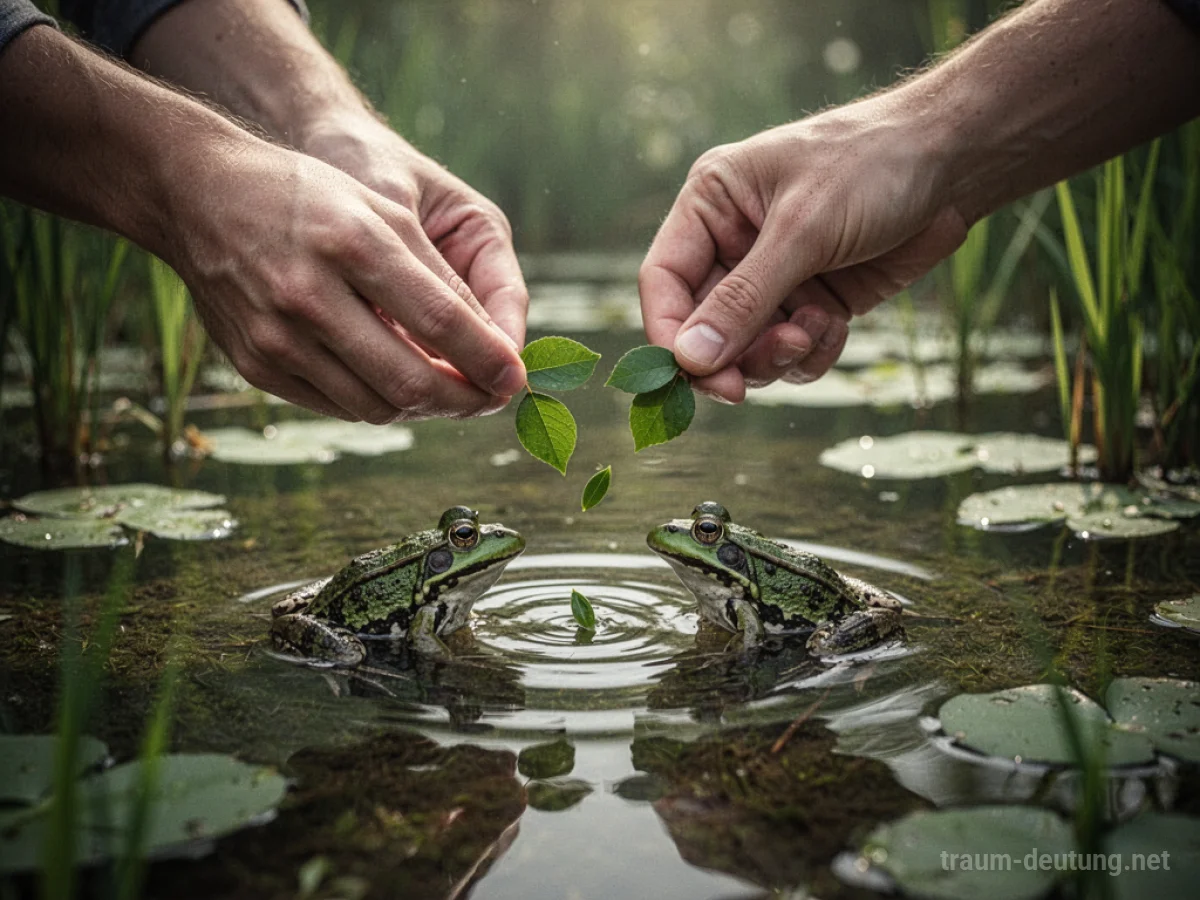 Hände füttern einen Frosch im Teich