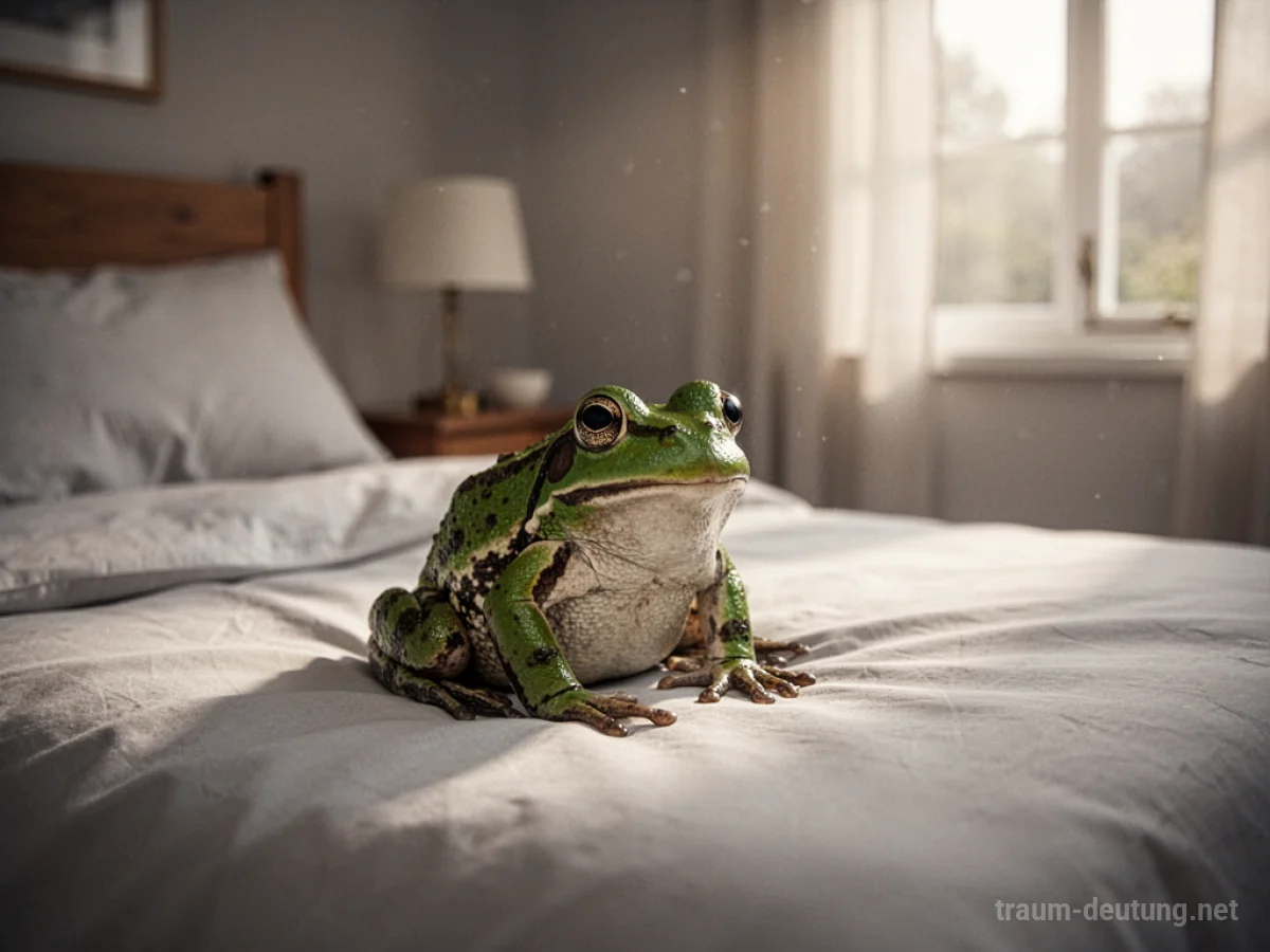 Ein Frosch sitzt auf einem Bett in einem Schlafzimmer.