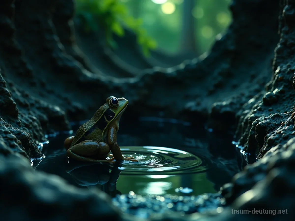 Frosch sitzt am Grund eines Brunnens und blickt nach oben.