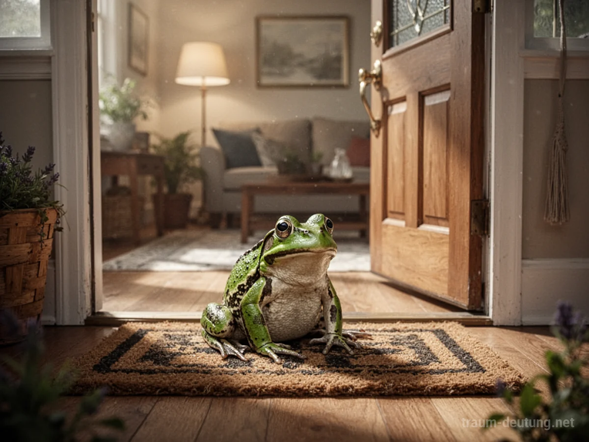 Ein Frosch sitzt auf der Fußmatte im Eingangsbereich eines Hauses.