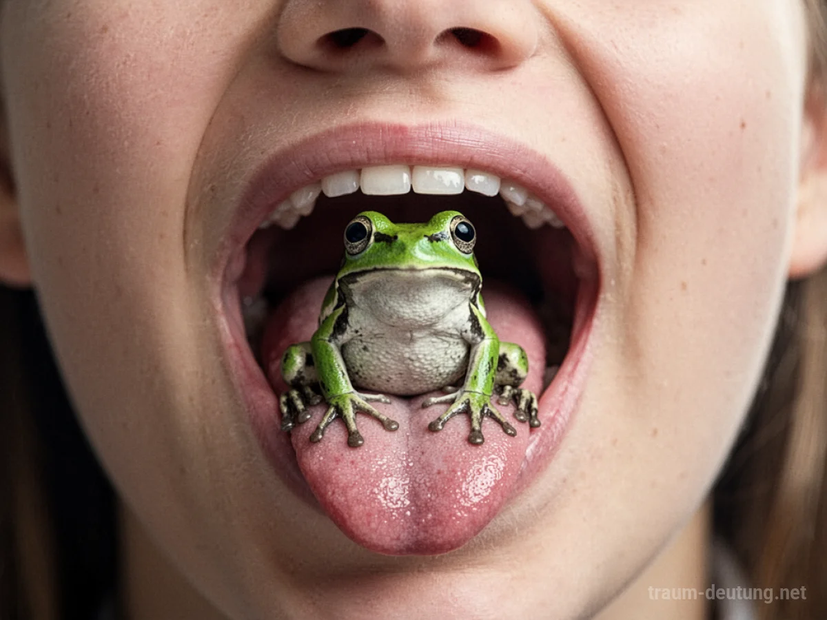 Symbolische Darstellung eines Frosches auf einer menschlichen Zunge in einem offenen Mund.
