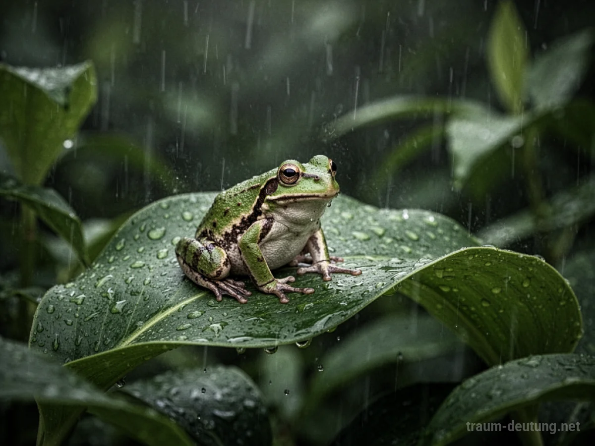 Ein Frosch sitzt auf einem Blatt im Regen.
