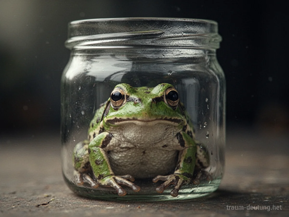 Frosch sitzt gefangen in einem Glasbehälter und schaut hinaus.