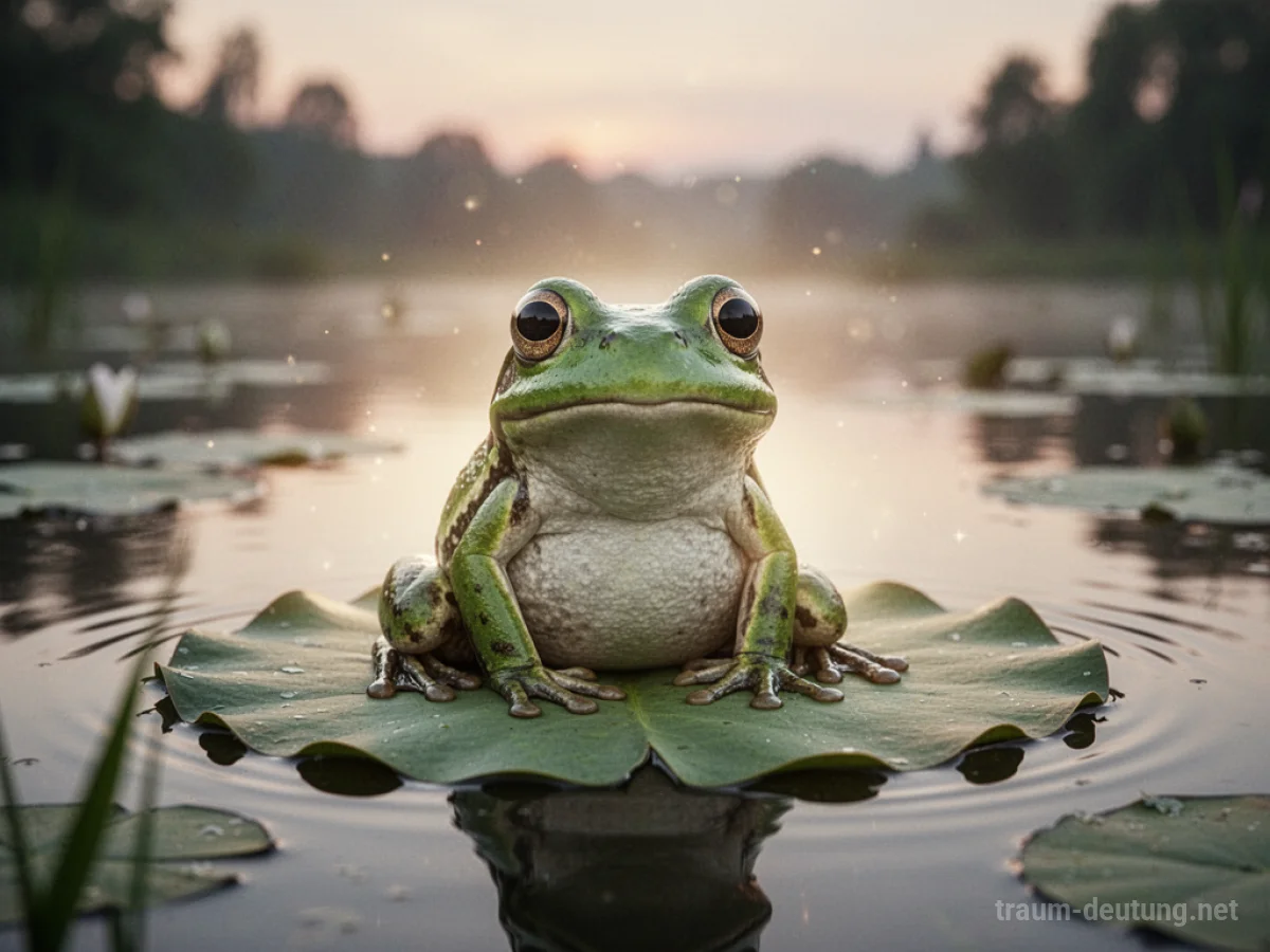 Ein Frosch sitzt auf einem Seerosenblatt, beleuchtet von sanftem Morgengrauen.
