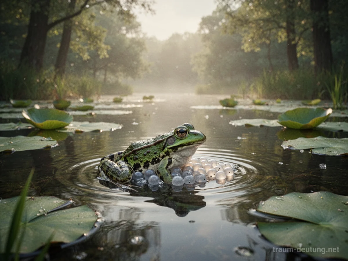 Ein Frosch legt Eier in einem Teich unter sanfter Sonneneinstrahlung.