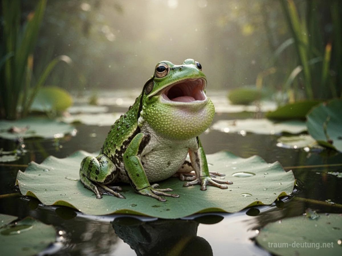 Ein grüner Frosch sitzt auf einem Seerosenblatt und quakt laut in einem Teich.