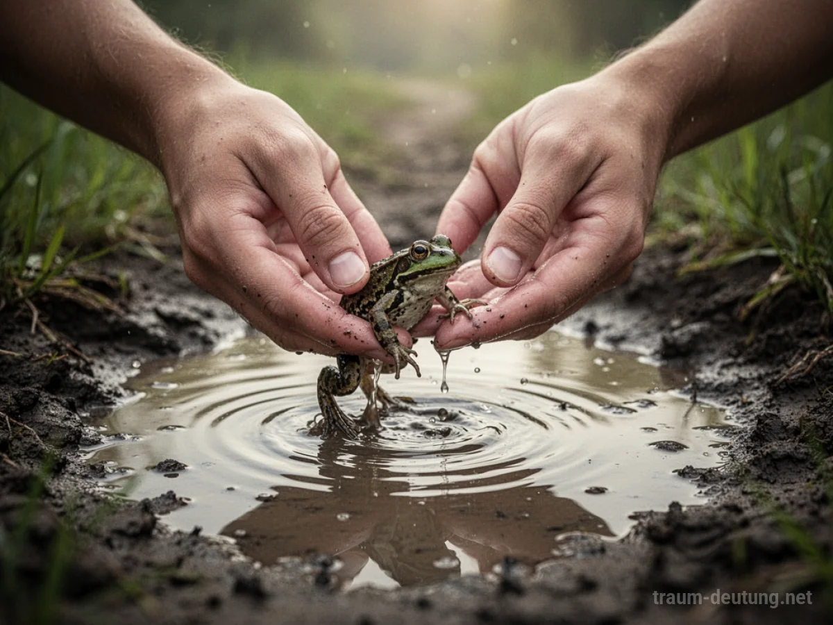 Hände heben einen kleinen Frosch aus einer Pfütze.