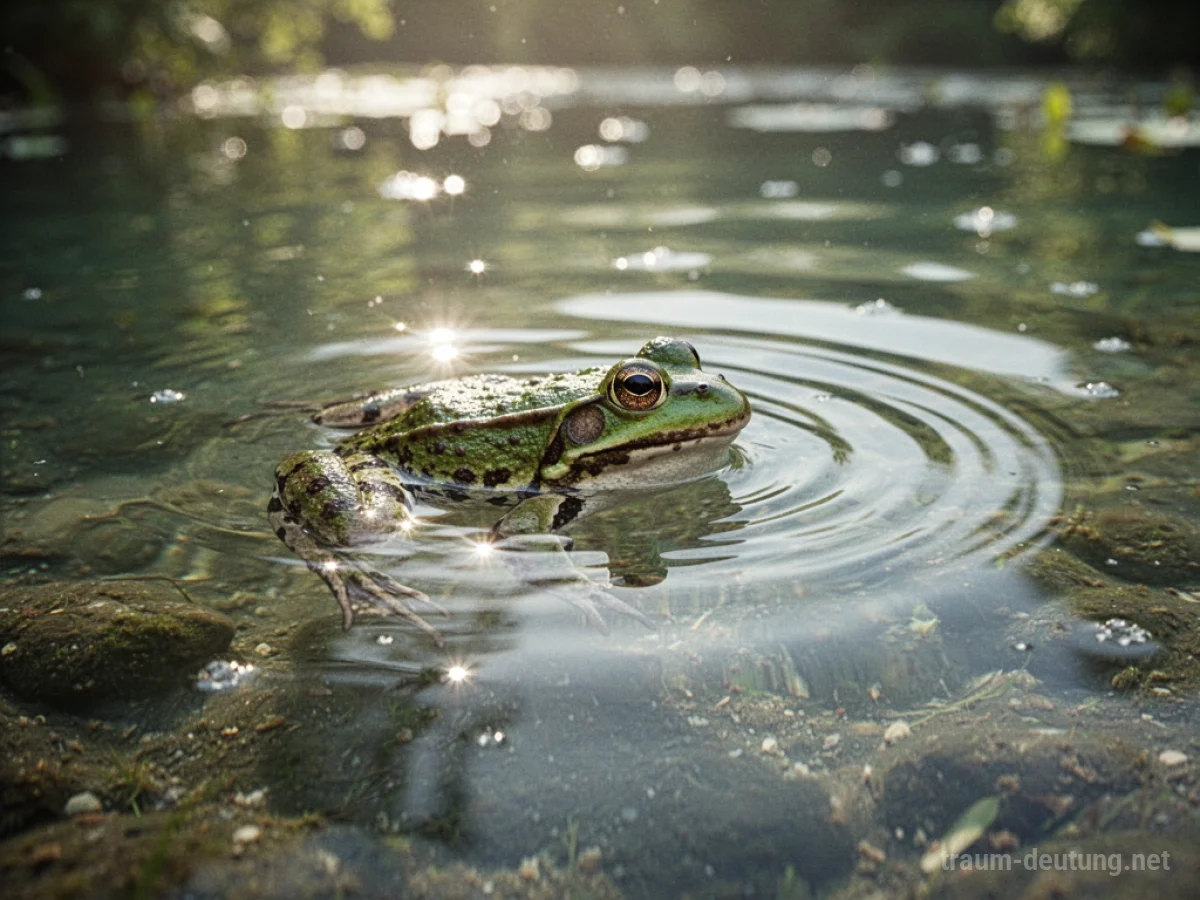 Ein Frosch schwimmt ruhig in klarem Wasser.