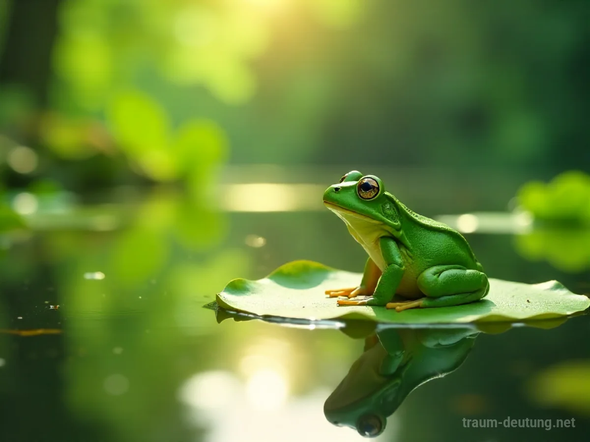 Grüner Frosch auf einem Seerosenblatt in einem Teich.