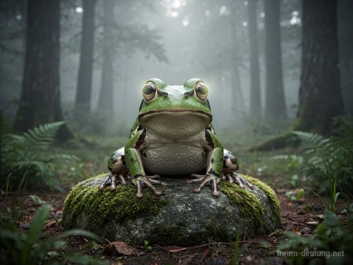 Ein Frosch sitzt auf einem Stein im Wald und scheint den Betrachter anzublicken.
