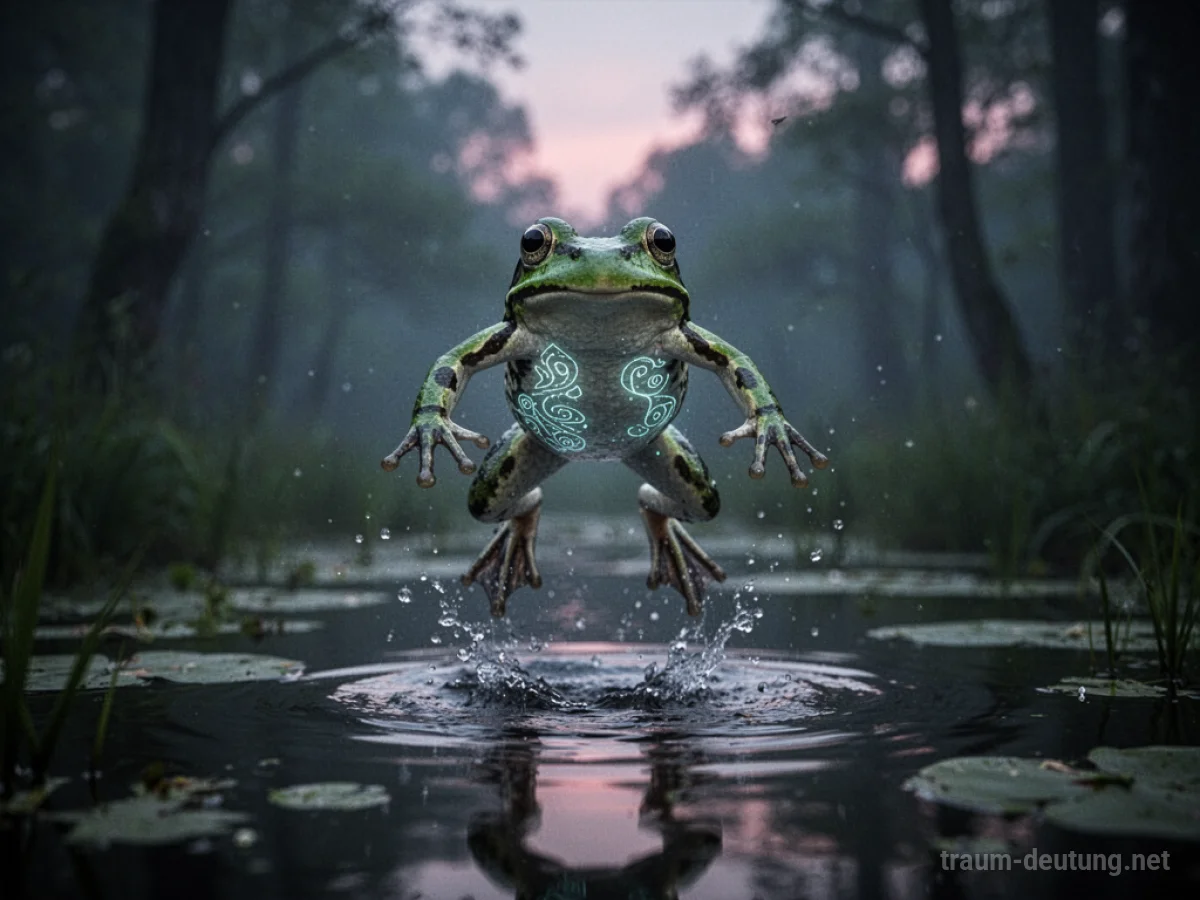 Ein Frosch springt im Traum auf die Kamera zu, umgeben von mystischem Wald.