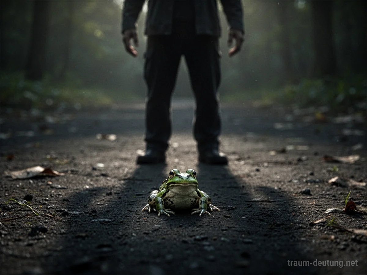 Schattenfigur über einem toten Frosch am Boden