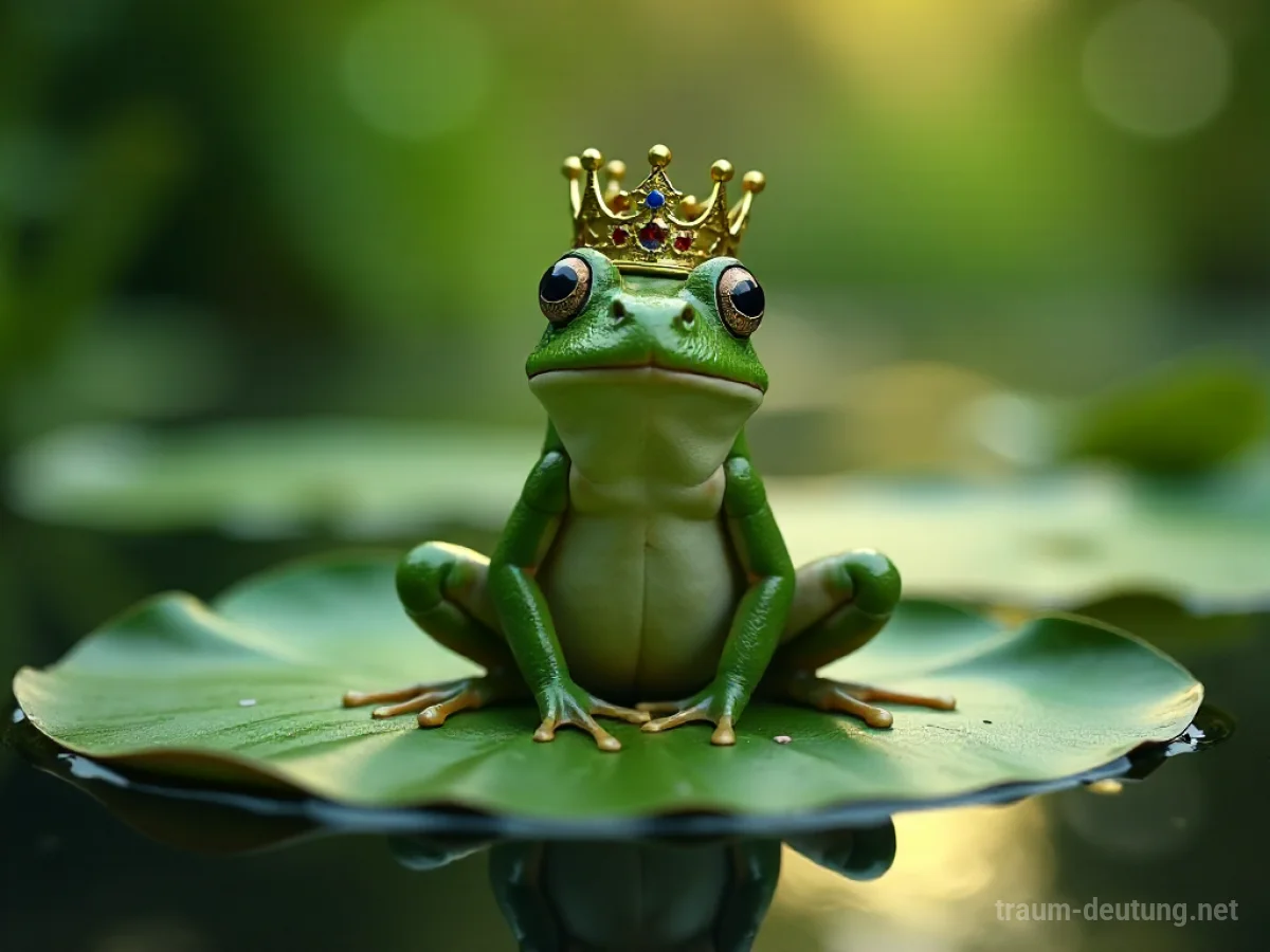 Ein Frosch verwandelt sich in einen Prinzen auf einem Seerosenblatt.