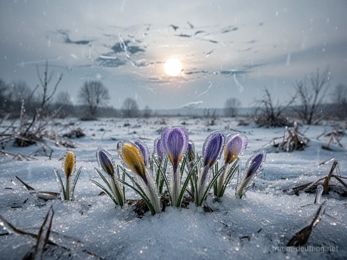 Eingefrorene Frühlingsblumen unter Eis und Schnee