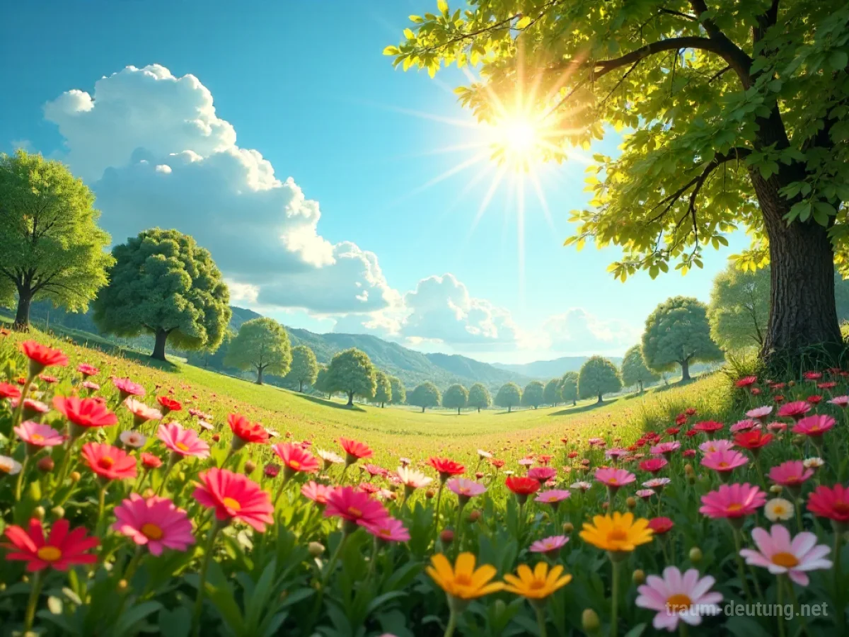 Blühende Frühlingslandschaft mit bunten Blumen und grünem Gras unter strahlender Sonne.