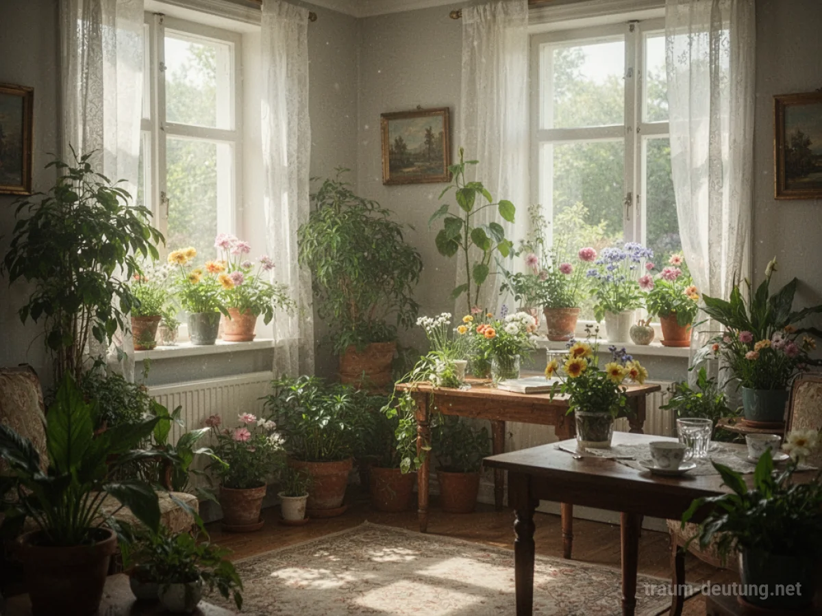 Sonnendurchflutetes Zimmer mit blühenden Pflanzen im Haus