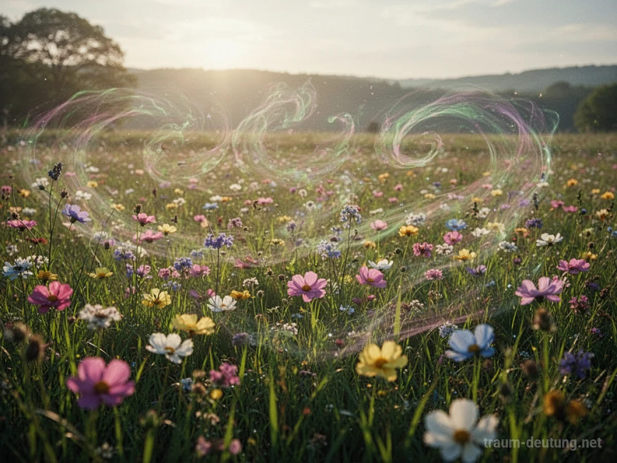 Wiese mit blühenden Blumen und Sonnenlicht, zarte Duftmuster in der Luft