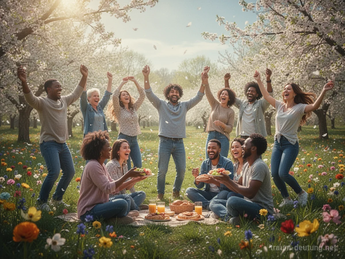 Menschen feiern ein Frühlingsfest in einer blühenden Landschaft
