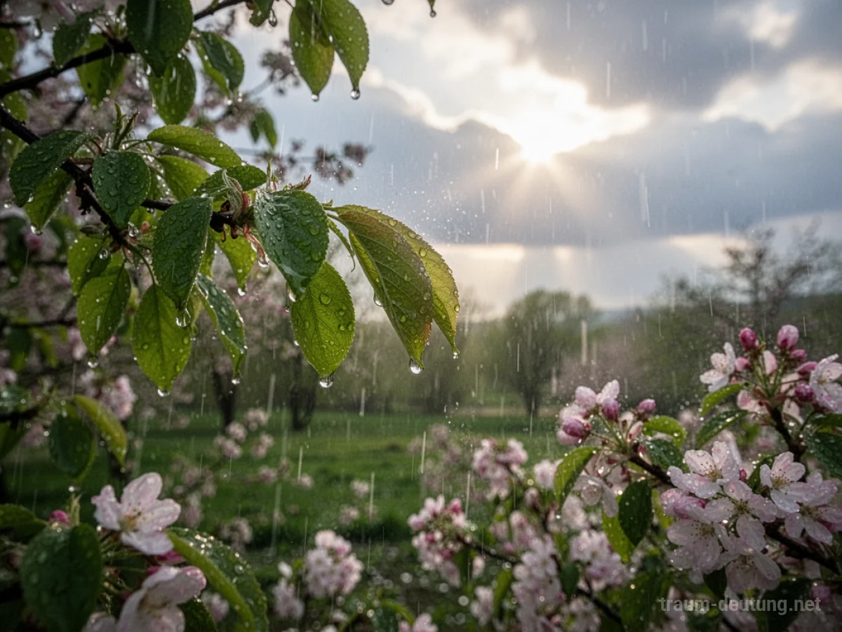 Sanfter Frühlingsregen auf grünen Blättern und Blumen.