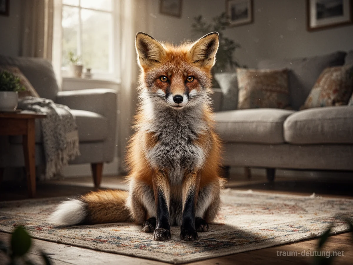 Fuchs als Haustier sitzt friedlich in einem Wohnzimmer