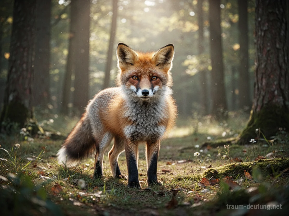 Fuchs steht wachsam im hellen Sonnenlicht eines Waldes.