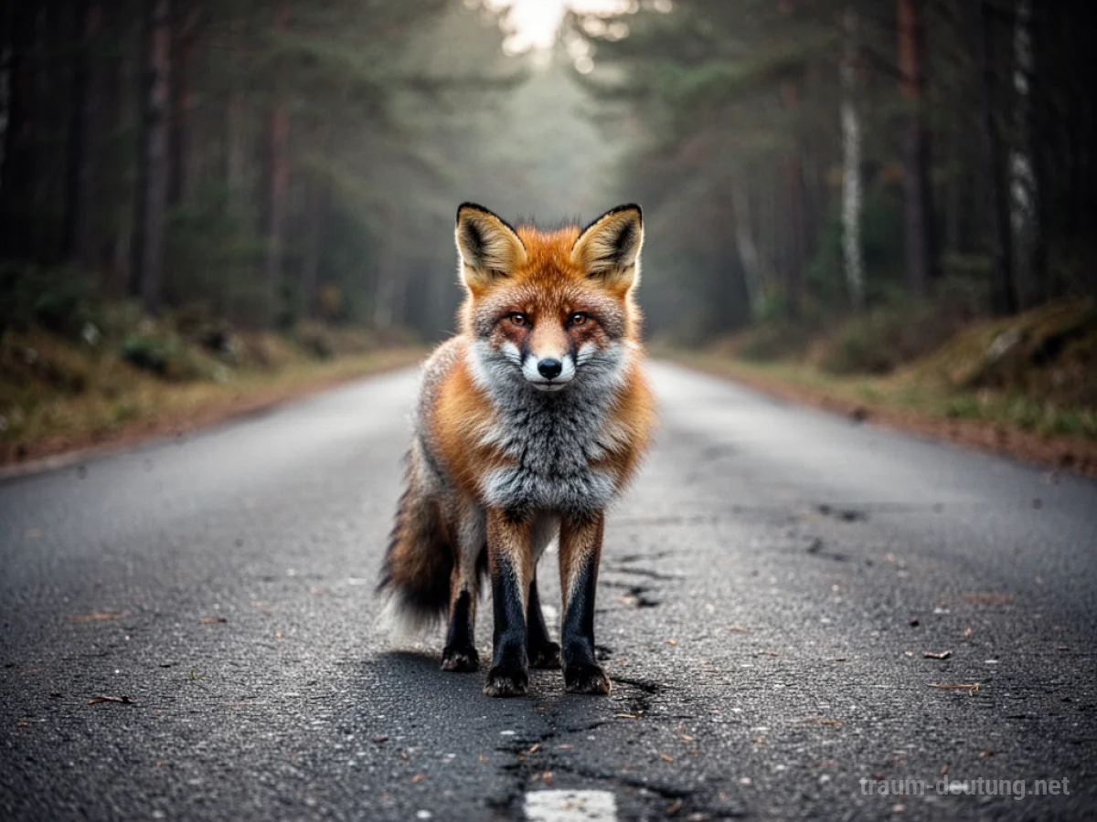 Ein Fuchs steht mitten auf einer Straße und blickt wachsam.