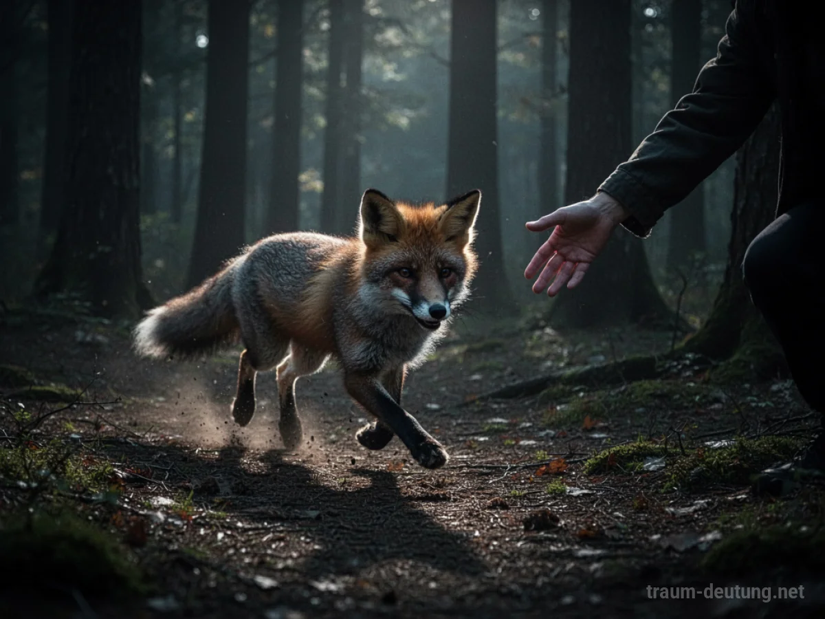 Ein Fuchs rennt vor einer ausgestreckten Hand davon im Wald.