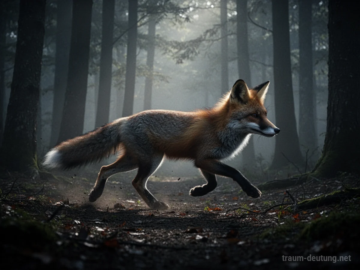 Fuchs-Silhouette huscht durch einen nebligen Wald.