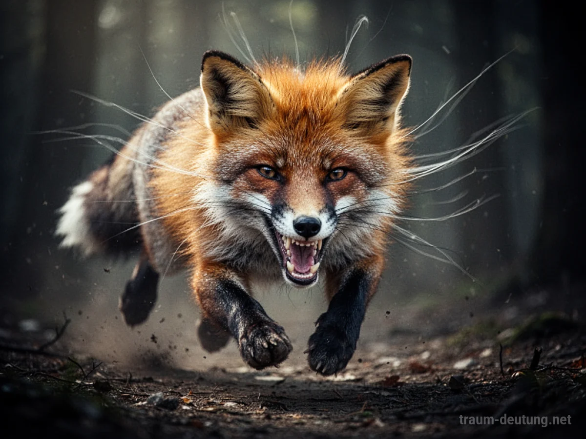 Fuchs mit gefletschten Zähnen greift im Traum an, dunkle Silhouette