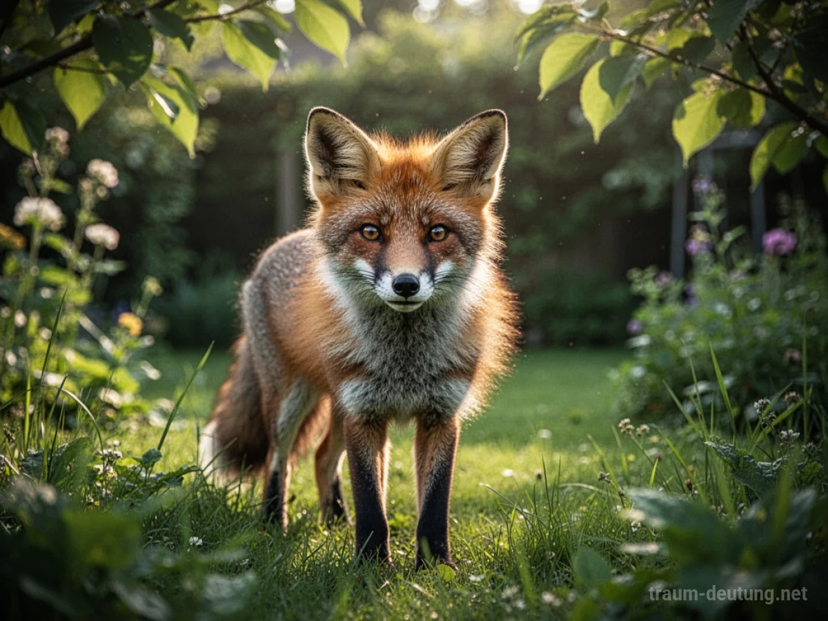 Ein roter Fuchs steht in einem grünen Garten und schaut aufmerksam.